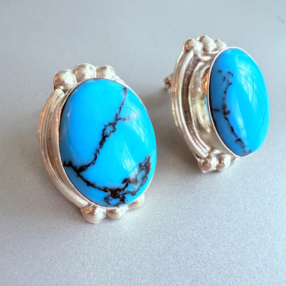 Sterling Silver 19.3 CT Turquoise Southwestern Large Oval Stud Mexico Earrings - Picture 2 of 6